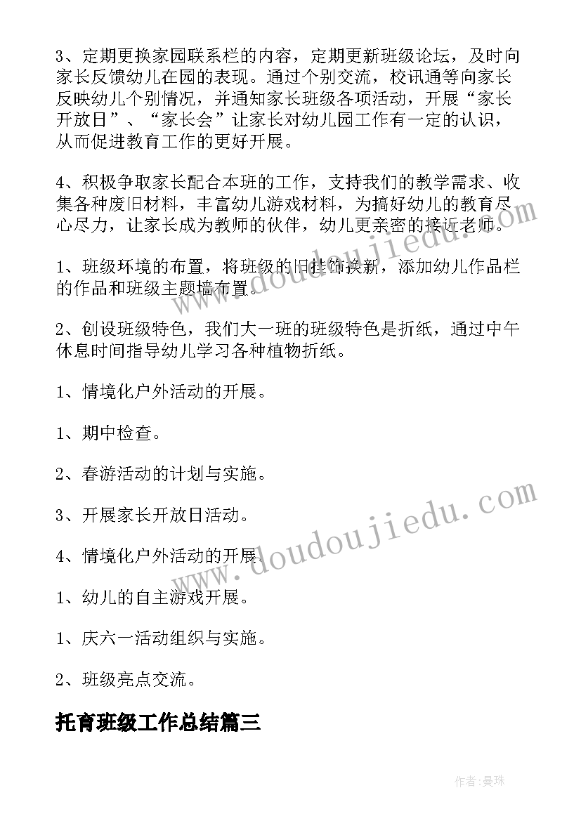 2023年托育班级工作总结 班务工作计划(实用9篇)