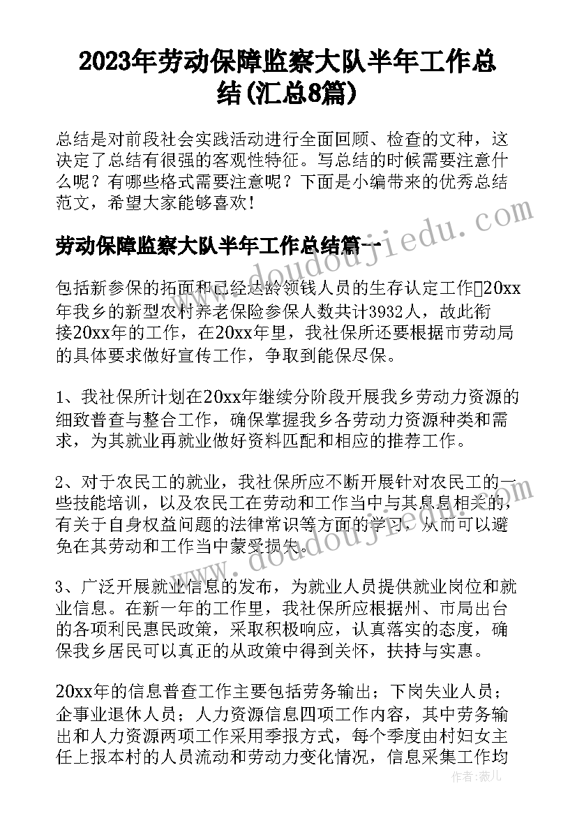 2023年劳动保障监察大队半年工作总结(汇总8篇)