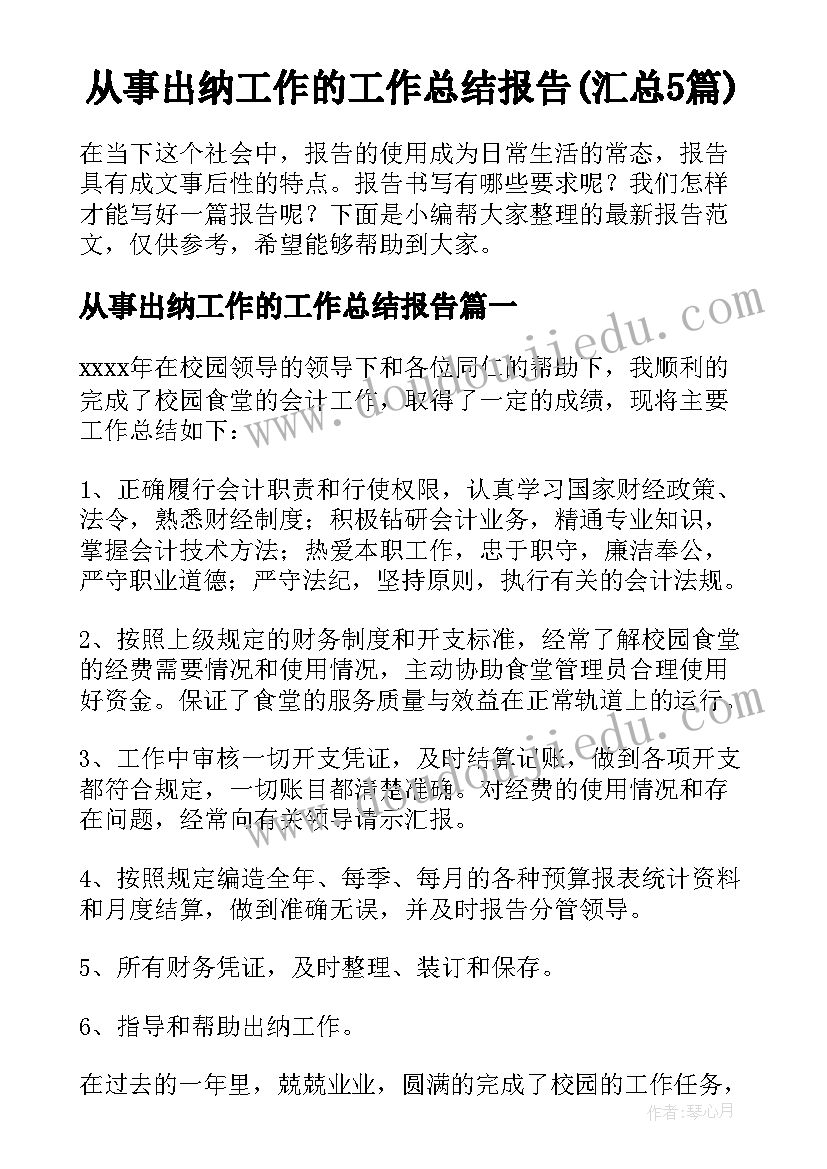 从事出纳工作的工作总结报告(汇总5篇)