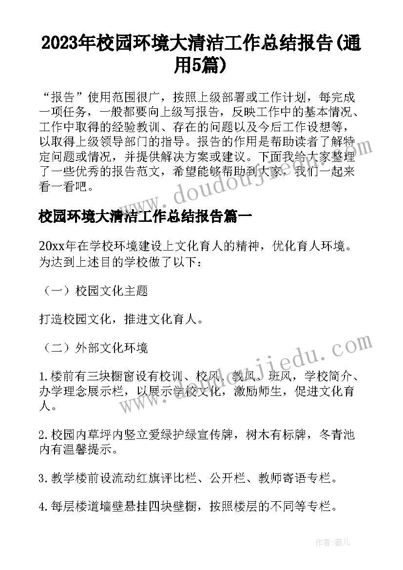 2023年校园环境大清洁工作总结报告(通用5篇)