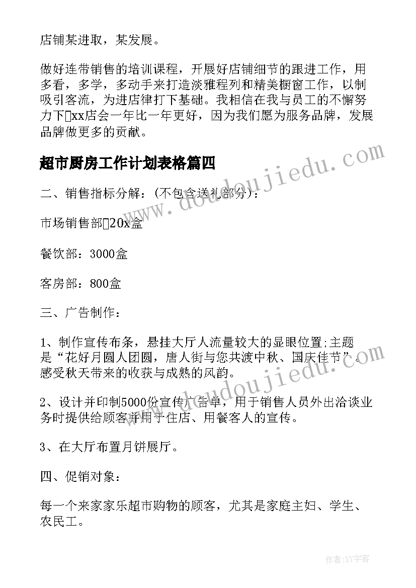 最新超市厨房工作计划表格(模板5篇)