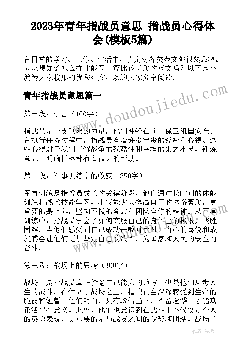 2023年青年指战员意思 指战员心得体会(模板5篇)