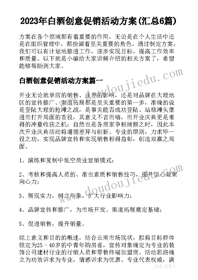 2023年白酒创意促销活动方案(汇总6篇)