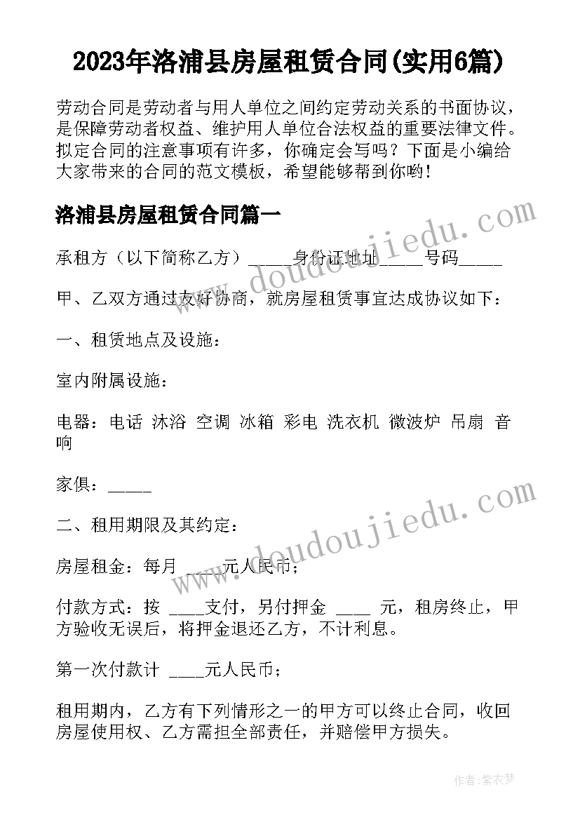 2023年洛浦县房屋租赁合同(实用6篇)