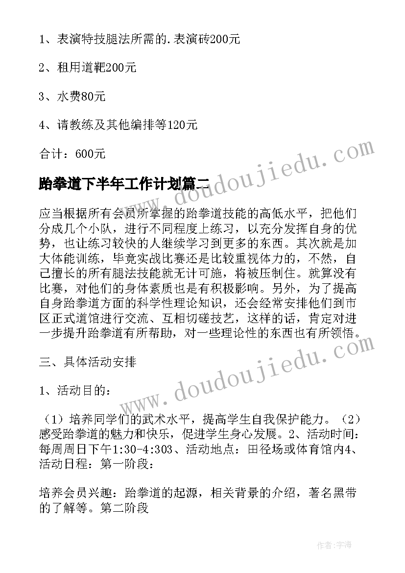 2023年跆拳道下半年工作计划(大全5篇)