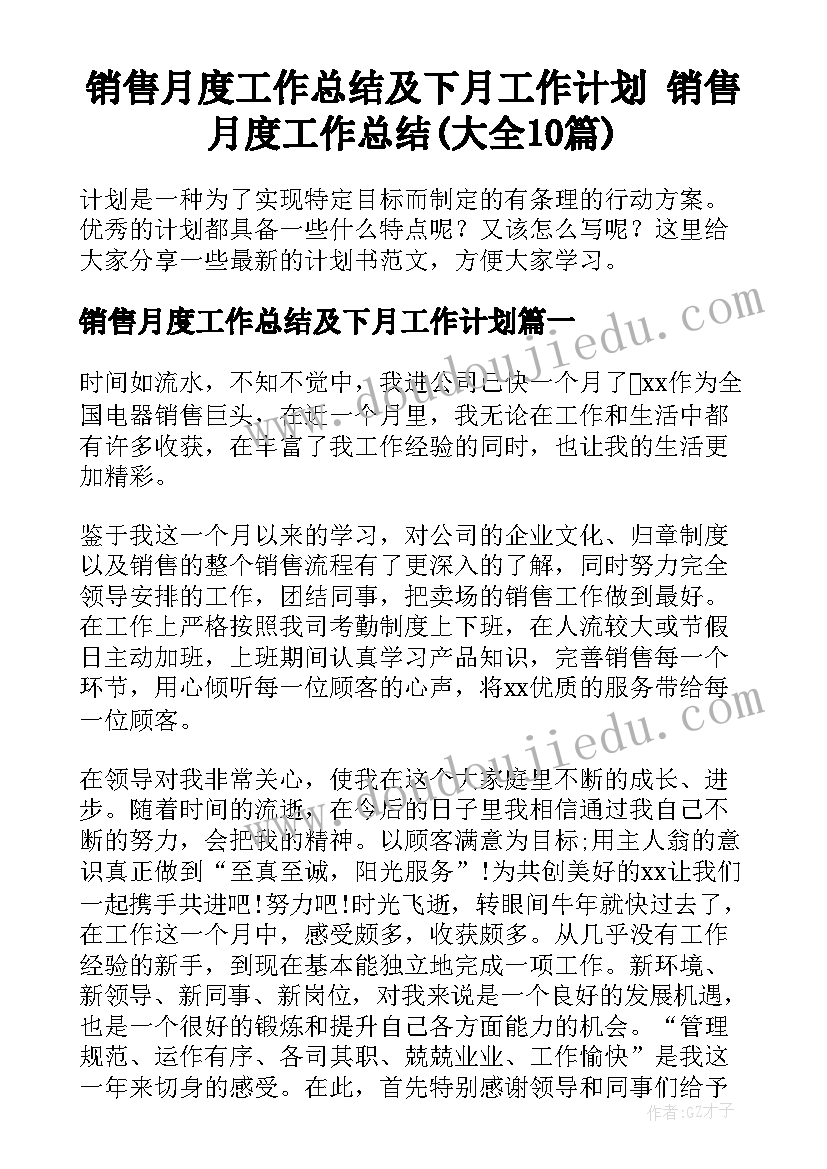 销售月度工作总结及下月工作计划 销售月度工作总结(大全10篇)