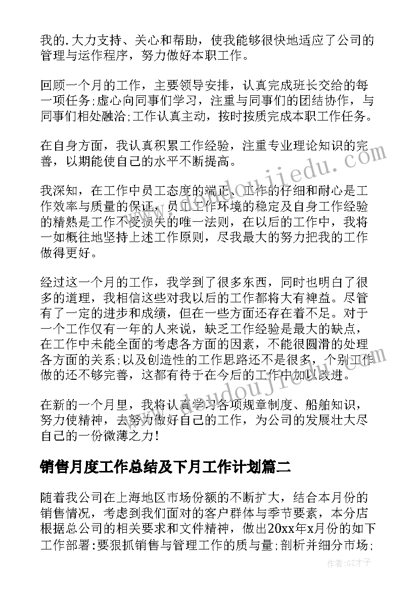 销售月度工作总结及下月工作计划 销售月度工作总结(大全10篇)