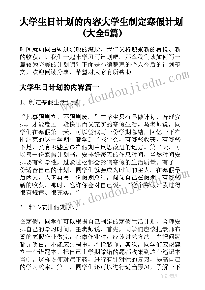 大学生日计划的内容 大学生制定寒假计划(大全5篇)