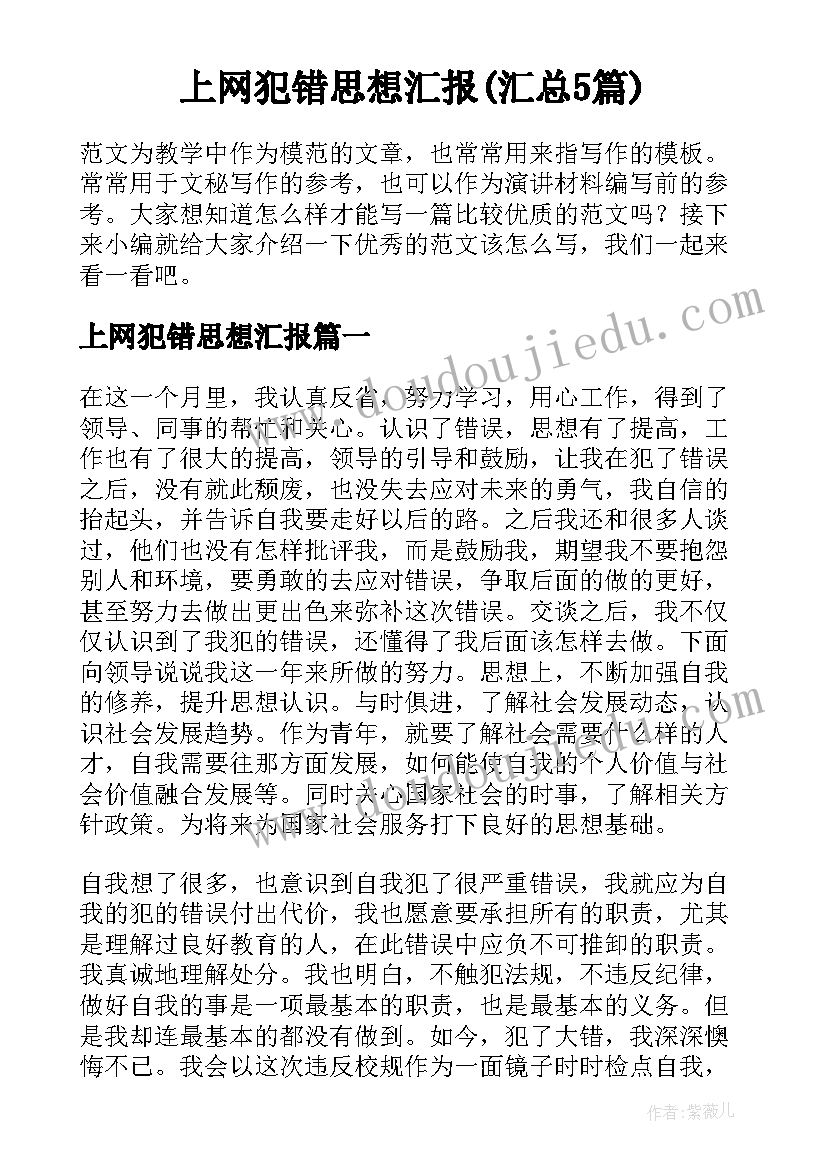 上网犯错思想汇报(汇总5篇)