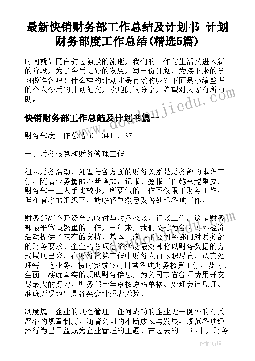 最新快销财务部工作总结及计划书 计划财务部度工作总结(精选5篇)