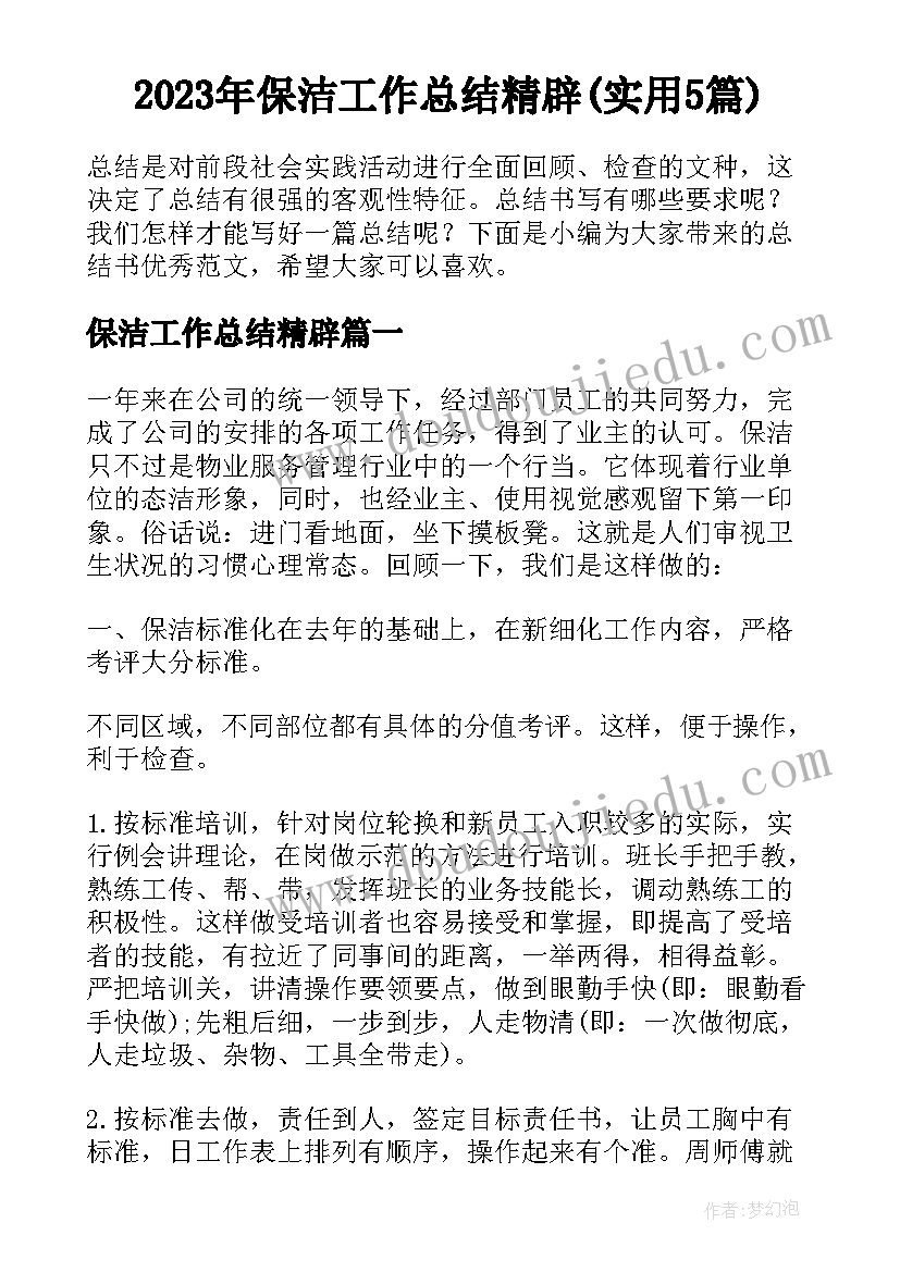 2023年保洁工作总结精辟(实用5篇)