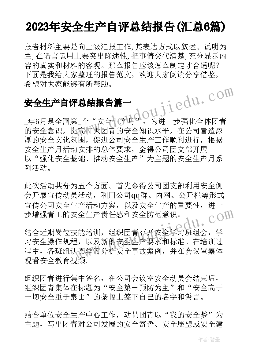 2023年安全生产自评总结报告(汇总6篇)