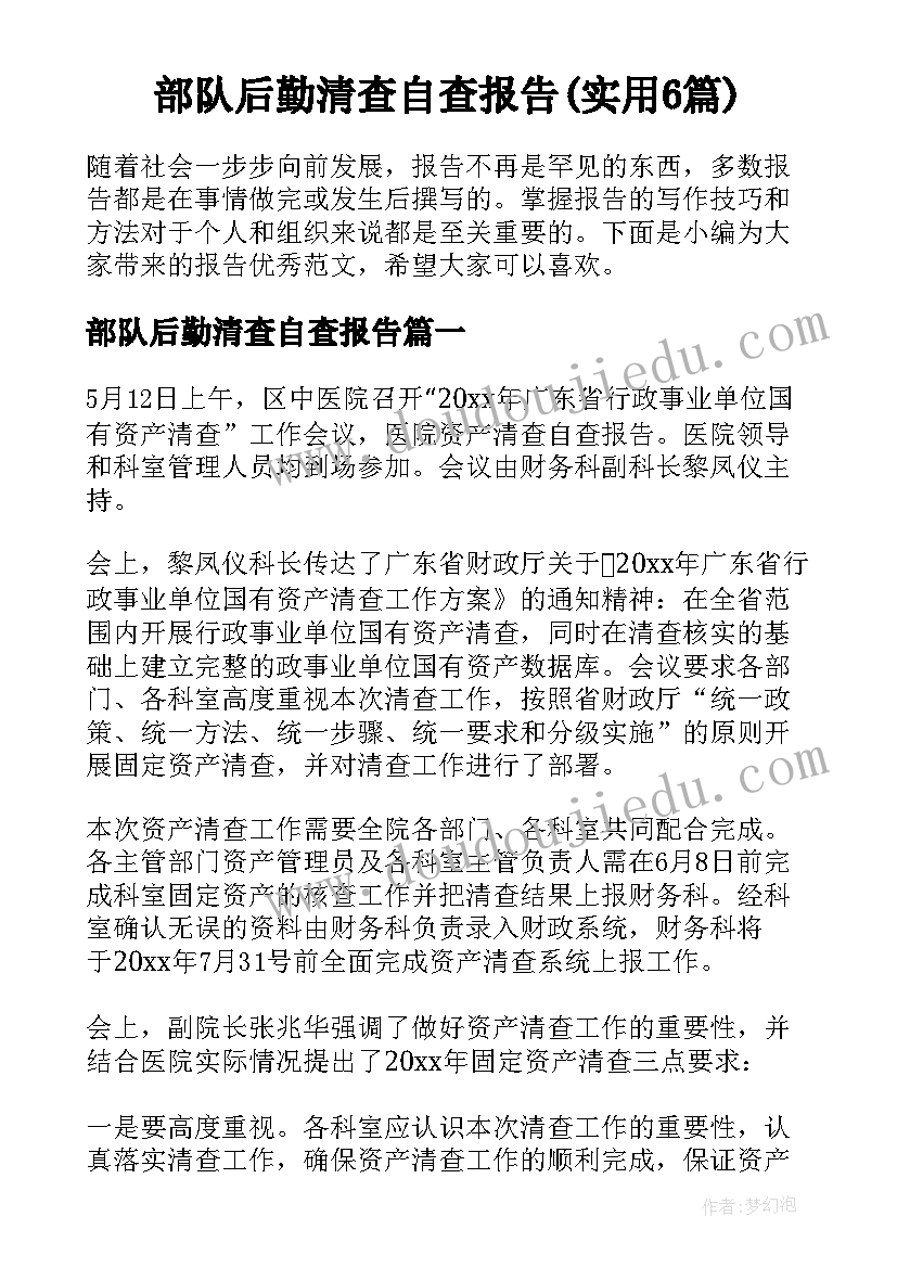 部队后勤清查自查报告(实用6篇)