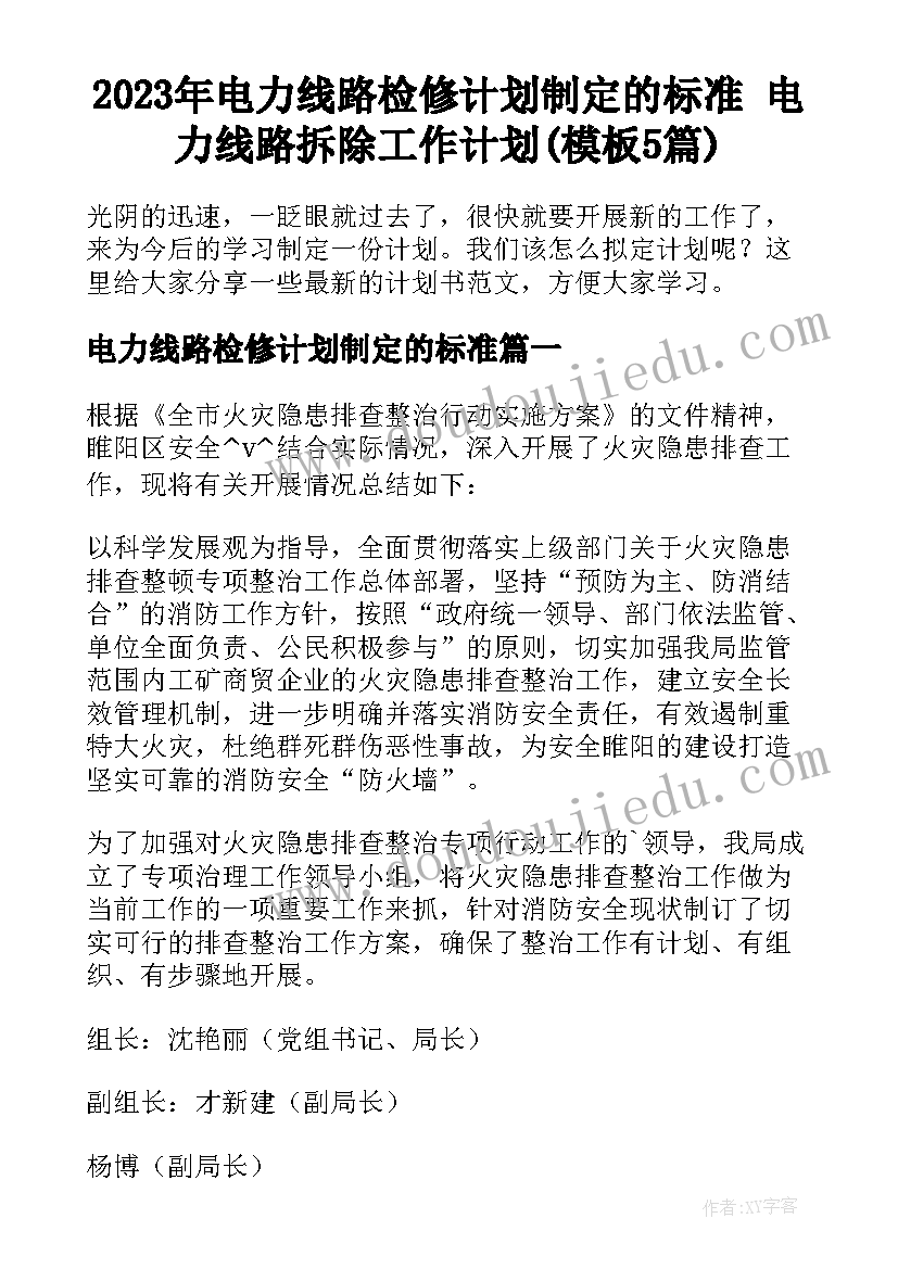 2023年电力线路检修计划制定的标准 电力线路拆除工作计划(模板5篇)