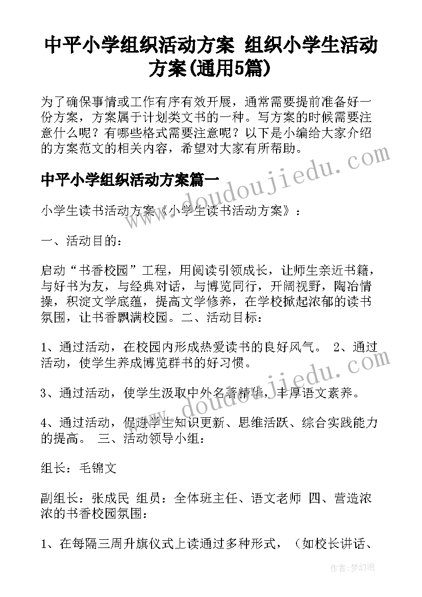 中平小学组织活动方案 组织小学生活动方案(通用5篇)