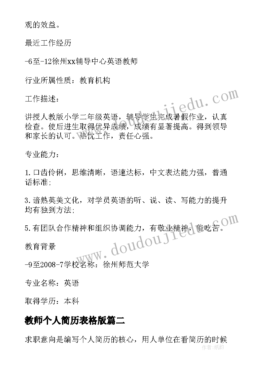 最新教师个人简历表格版 学校教师个人简历表格(通用5篇)