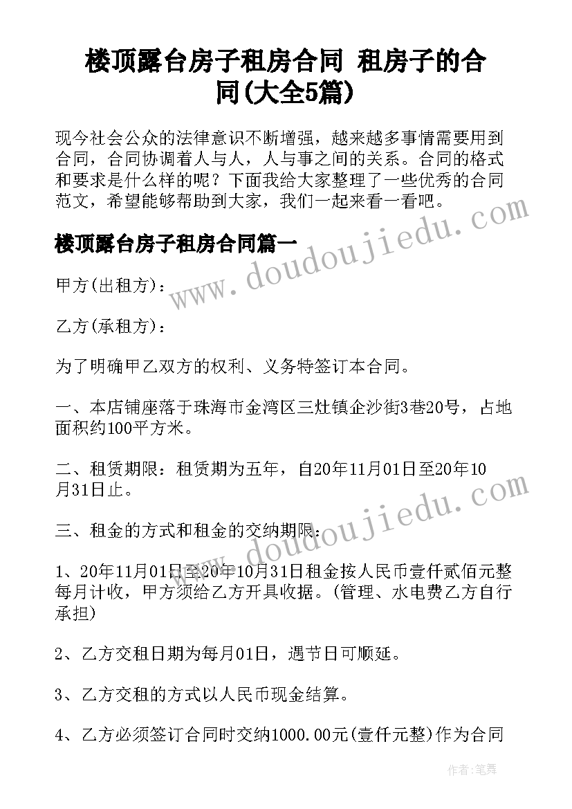 楼顶露台房子租房合同 租房子的合同(大全5篇)