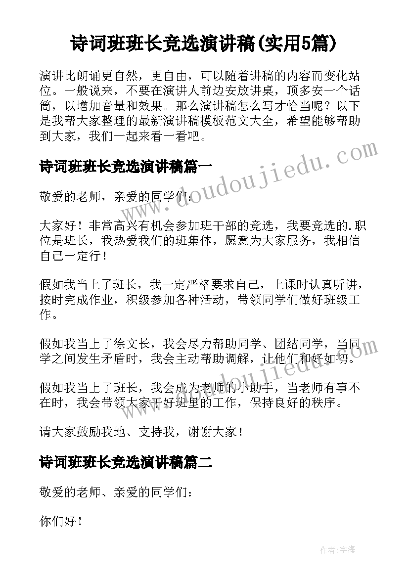 诗词班班长竞选演讲稿(实用5篇)