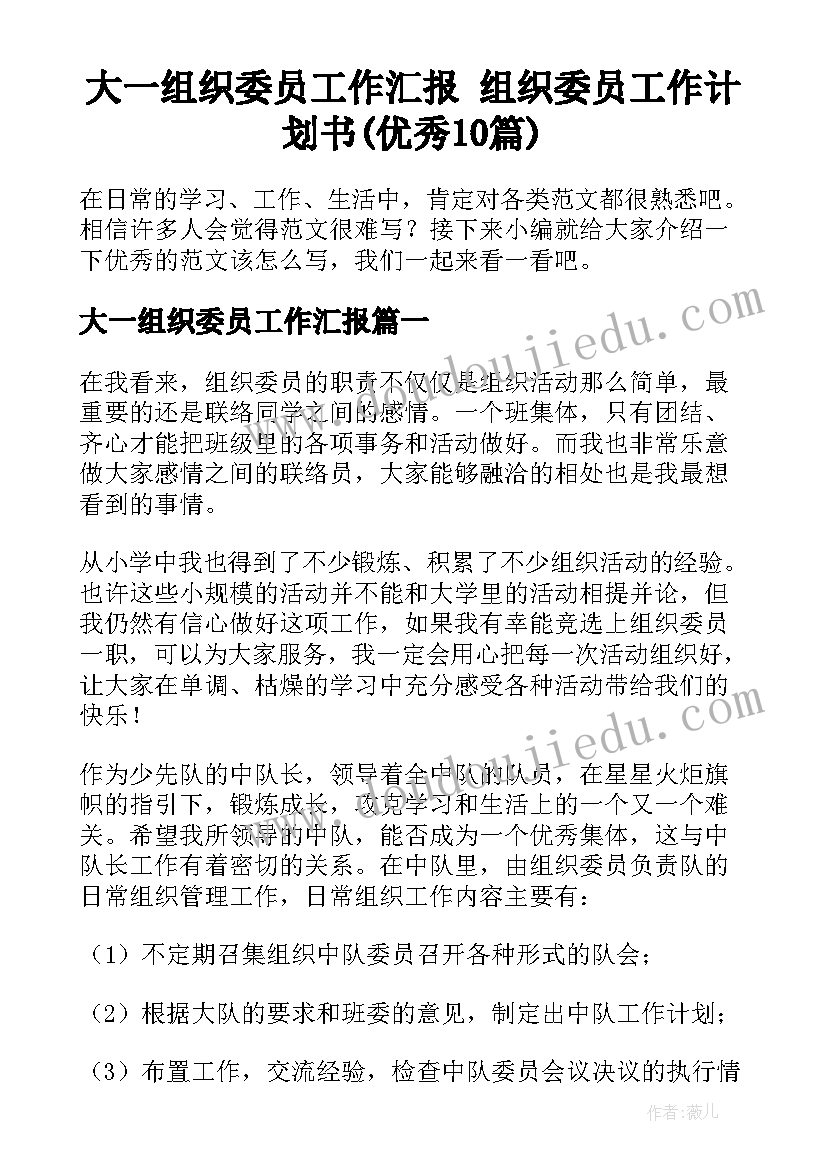 大一组织委员工作汇报 组织委员工作计划书(优秀10篇)