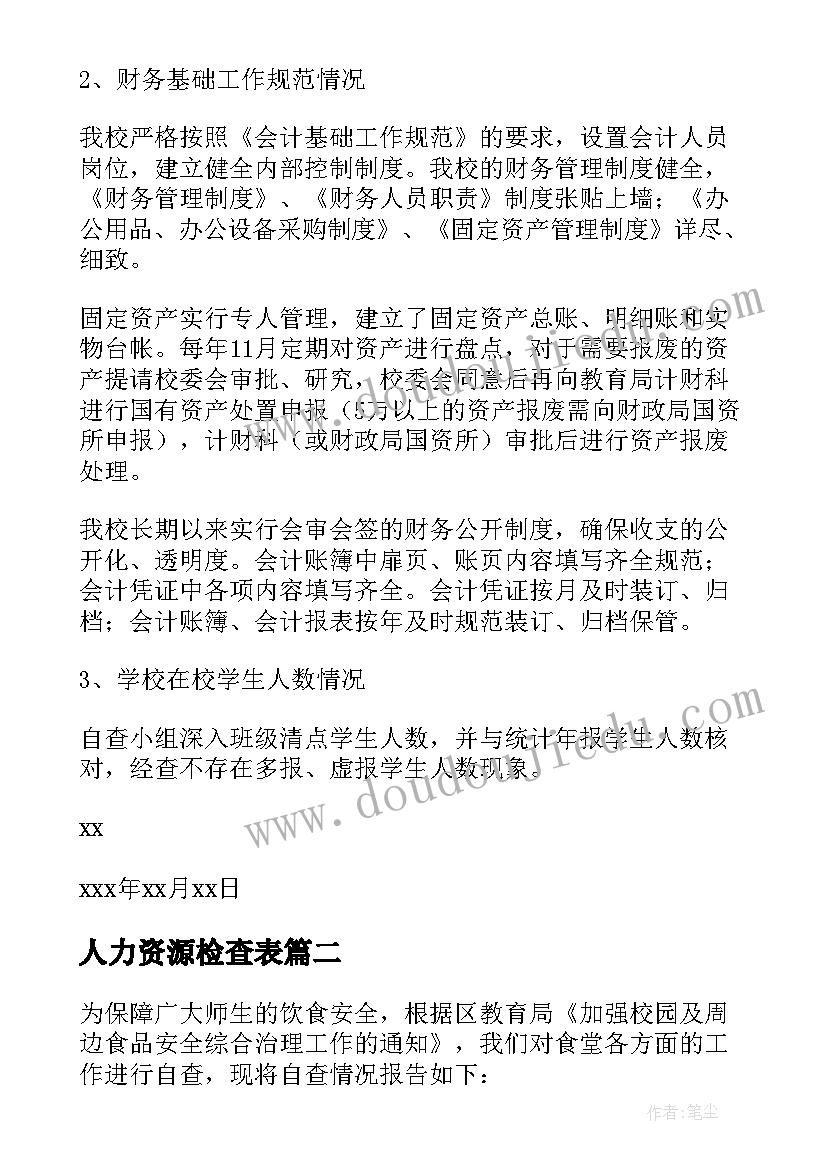 最新人力资源检查表 财务专项检查自查报告(汇总10篇)