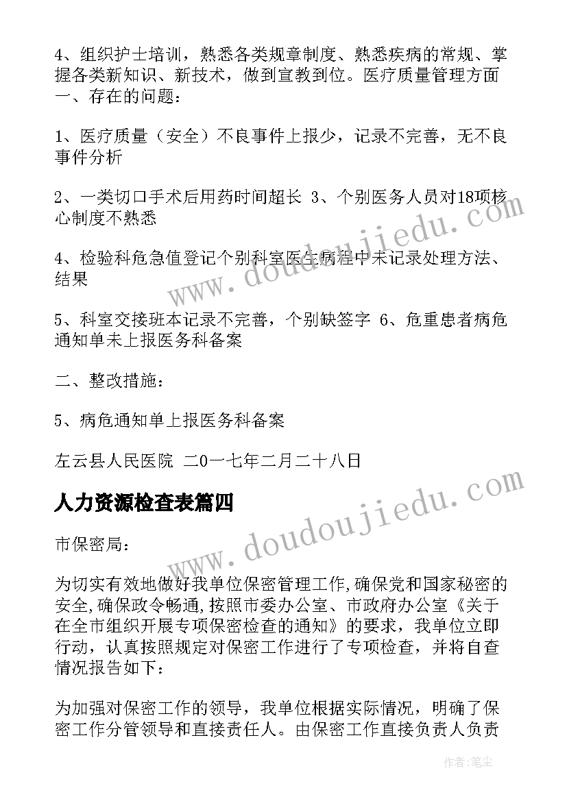 最新人力资源检查表 财务专项检查自查报告(汇总10篇)