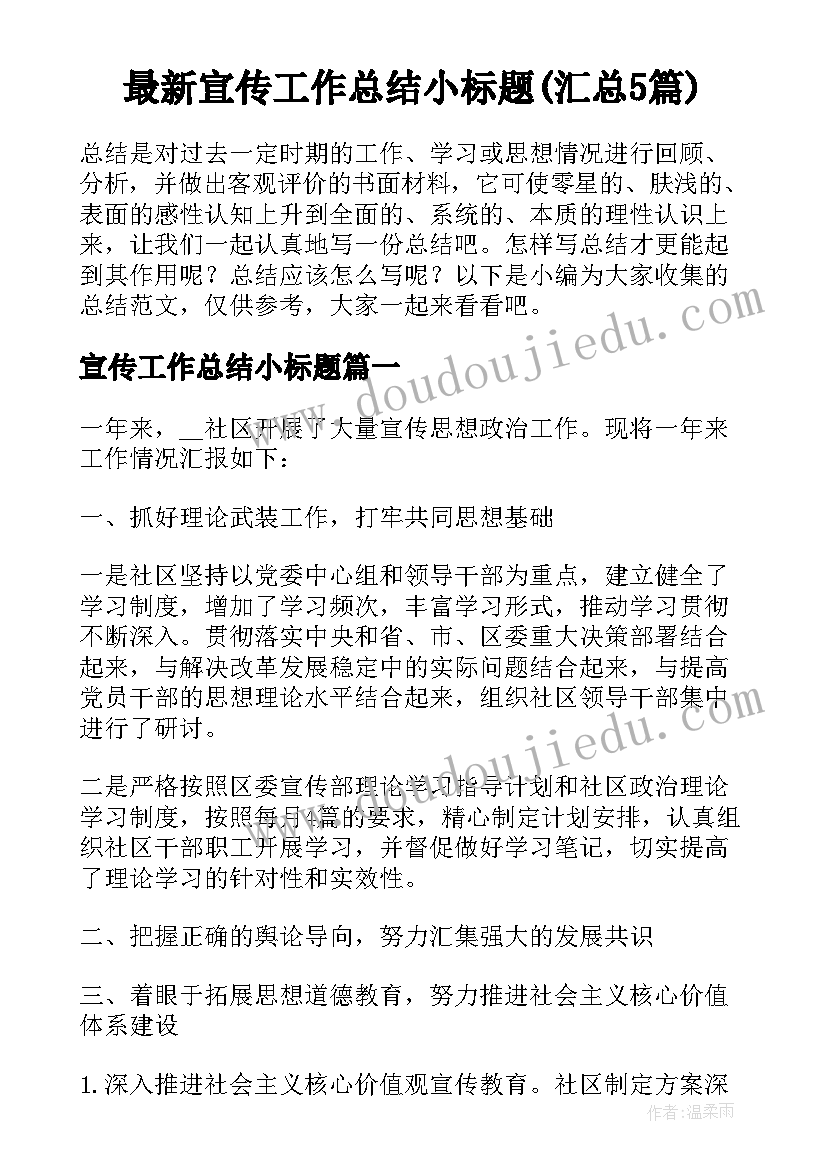 最新宣传工作总结小标题(汇总5篇)