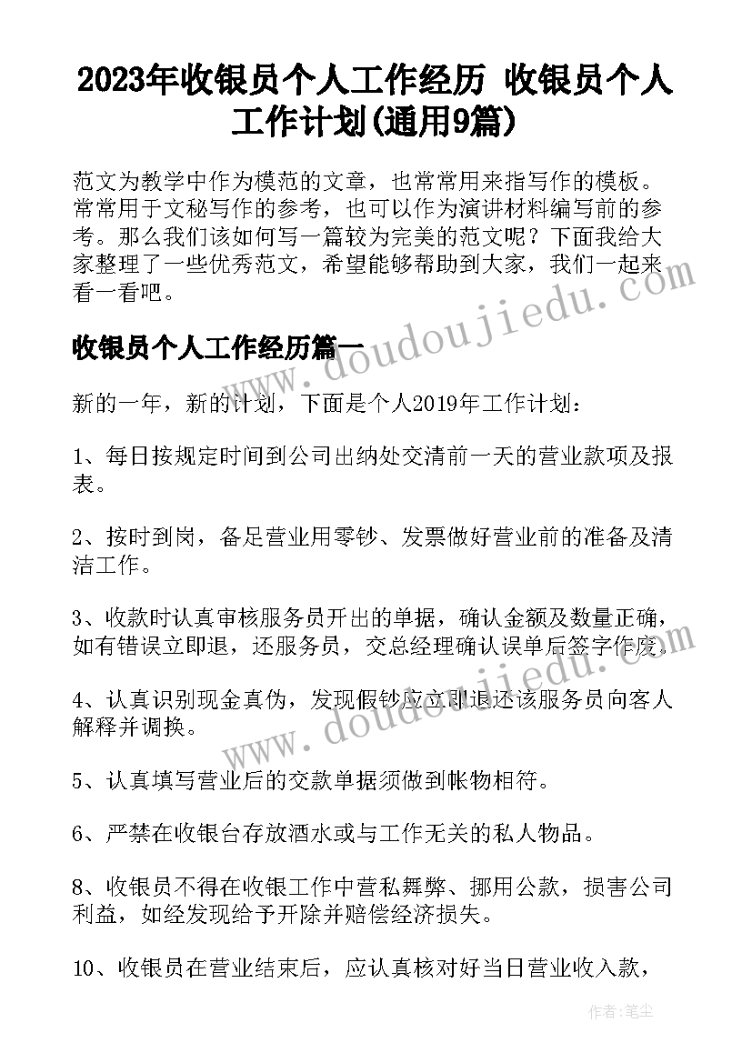 2023年收银员个人工作经历 收银员个人工作计划(通用9篇)