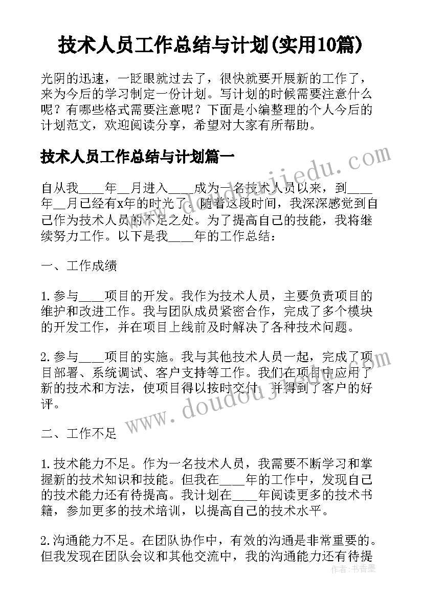 技术人员工作总结与计划(实用10篇)