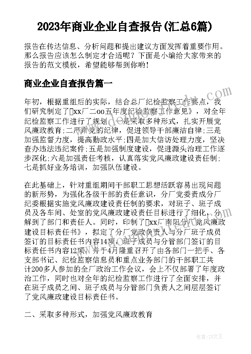 2023年商业企业自查报告(汇总6篇)