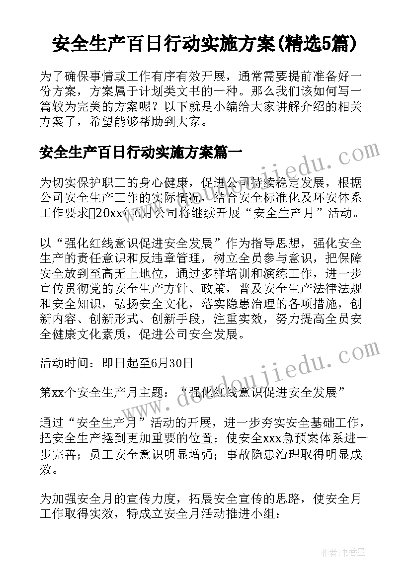 安全生产百日行动实施方案(精选5篇)