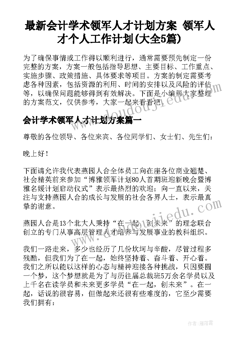 最新会计学术领军人才计划方案 领军人才个人工作计划(大全5篇)