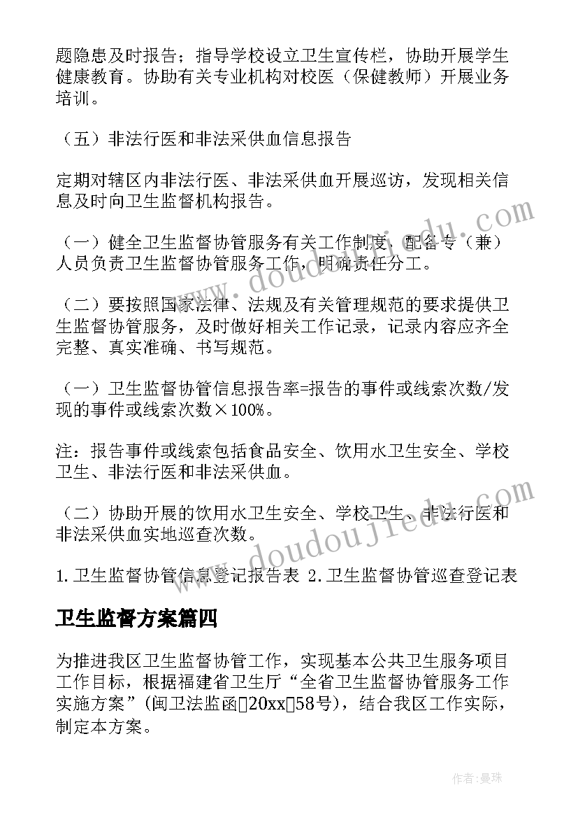 最新卫生监督方案 卫生监督工作计划(优秀10篇)