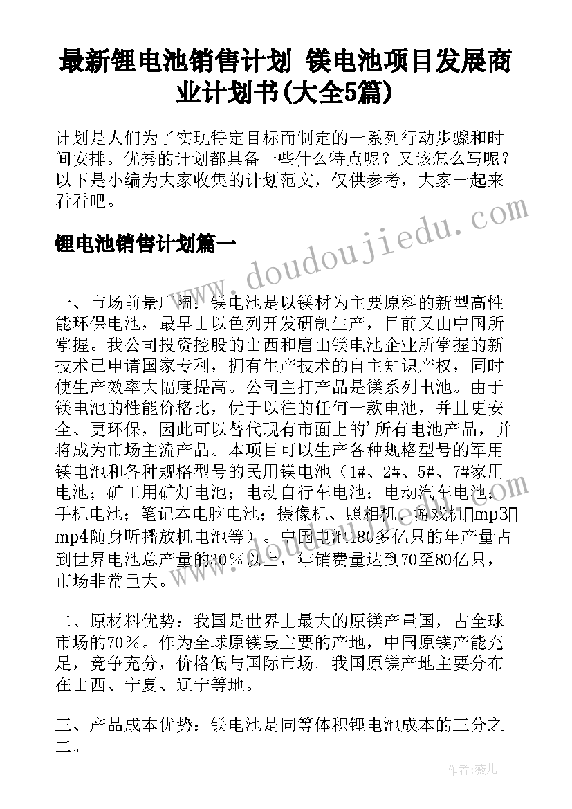 最新锂电池销售计划 镁电池项目发展商业计划书(大全5篇)