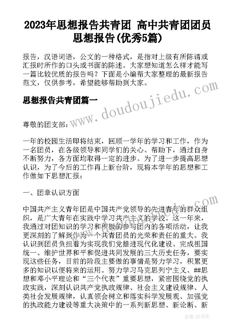 2023年思想报告共青团 高中共青团团员思想报告(优秀5篇)