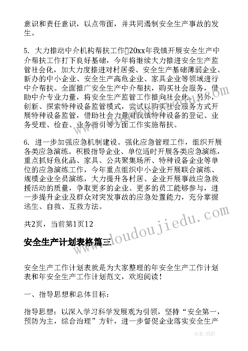 最新安全生产计划表格 安全生产工作计划表(优质8篇)