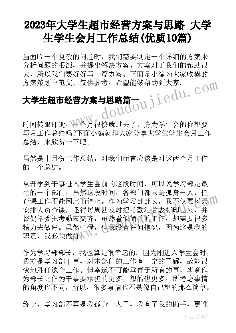 2023年大学生超市经营方案与思路 大学生学生会月工作总结(优质10篇)