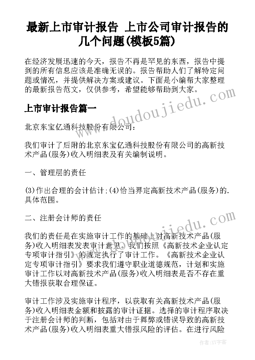 最新上市审计报告 上市公司审计报告的几个问题(模板5篇)