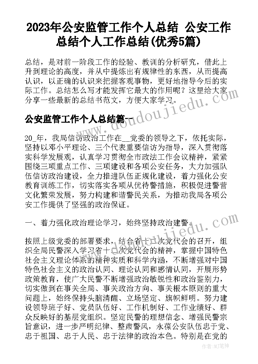 2023年公安监管工作个人总结 公安工作总结个人工作总结(优秀5篇)