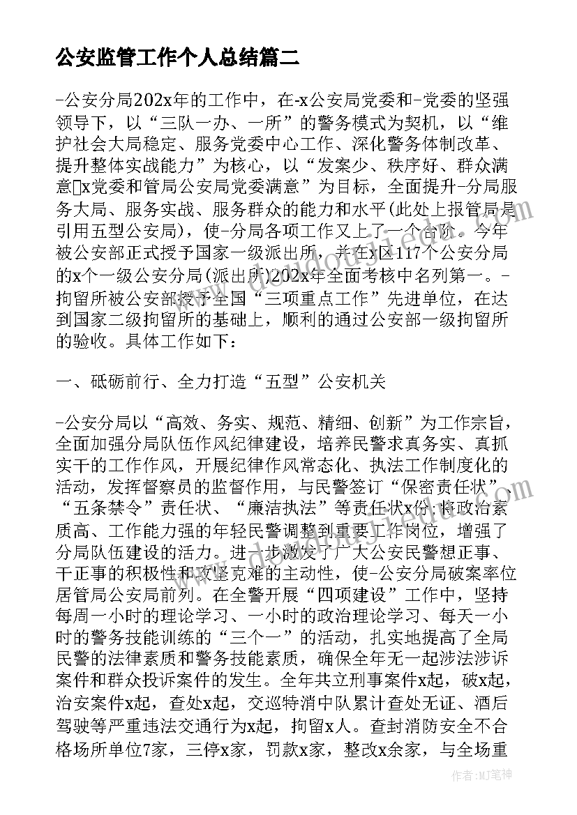 2023年公安监管工作个人总结 公安工作总结个人工作总结(优秀5篇)