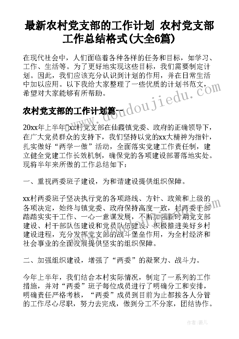 最新农村党支部的工作计划 农村党支部工作总结格式(大全6篇)