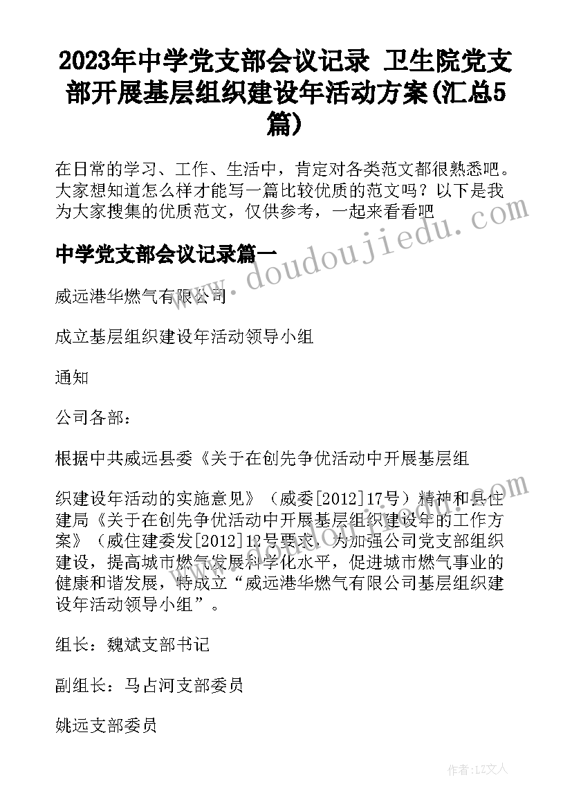 2023年中学党支部会议记录 卫生院党支部开展基层组织建设年活动方案(汇总5篇)