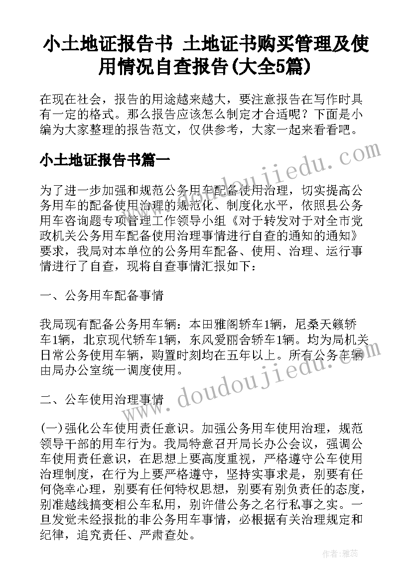 小土地证报告书 土地证书购买管理及使用情况自查报告(大全5篇)