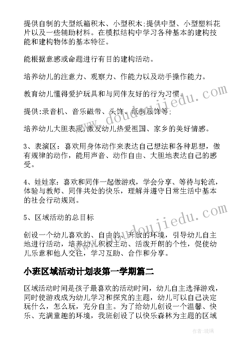 2023年小班区域活动计划表第一学期 小班的区域活动计划(优秀5篇)