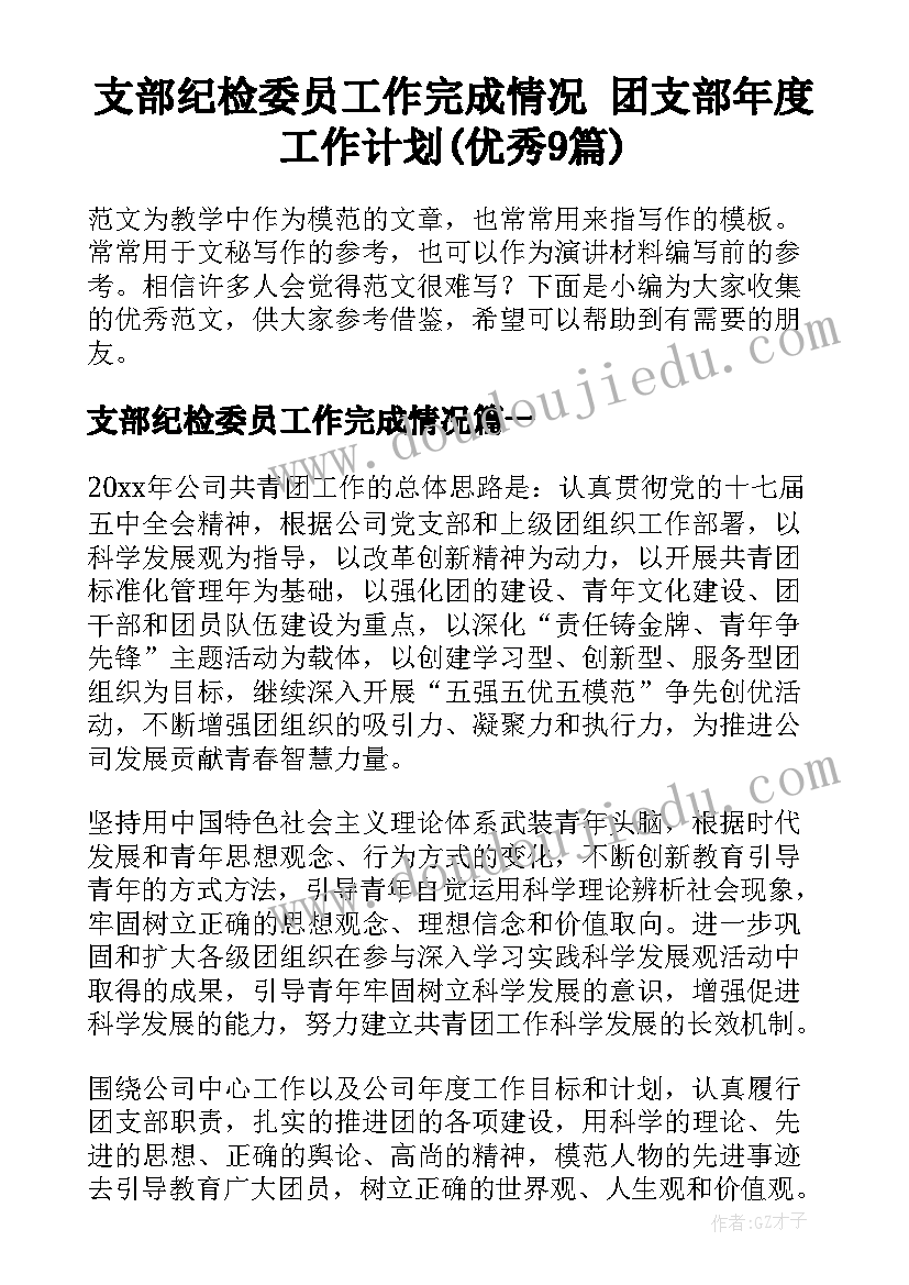 支部纪检委员工作完成情况 团支部年度工作计划(优秀9篇)