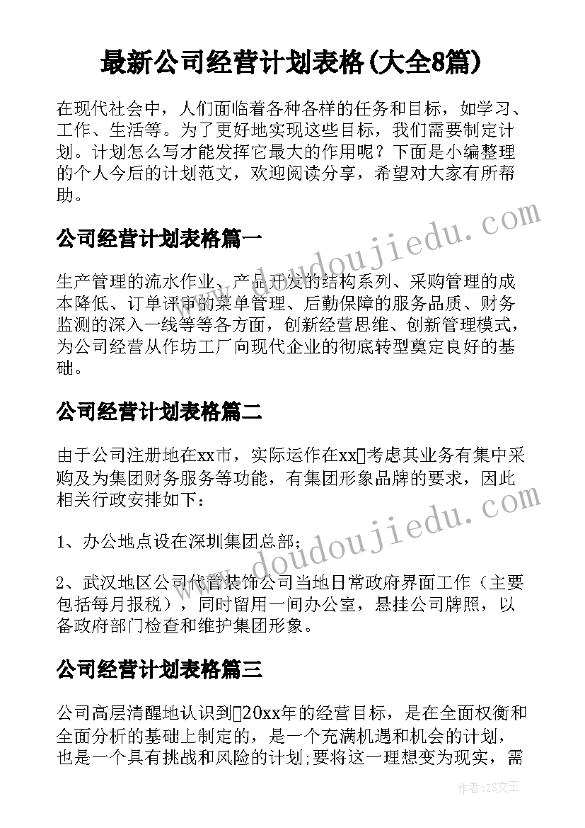 最新公司经营计划表格(大全8篇)