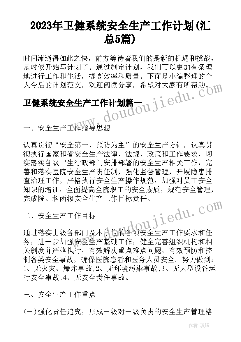 2023年卫健系统安全生产工作计划(汇总5篇)