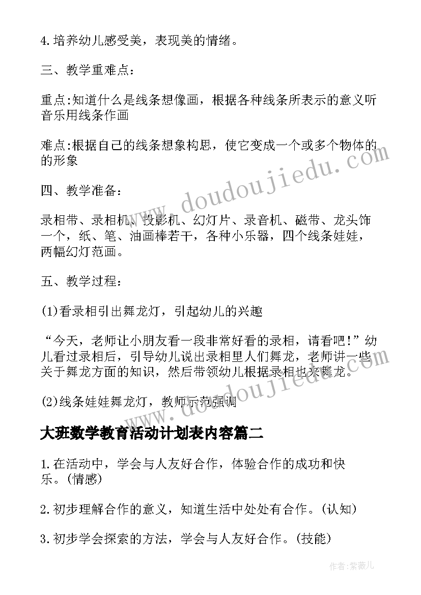 大班数学教育活动计划表内容(实用5篇)