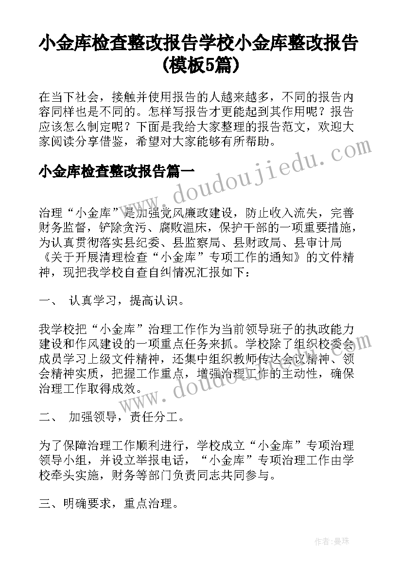 小金库检查整改报告 学校小金库整改报告(模板5篇)