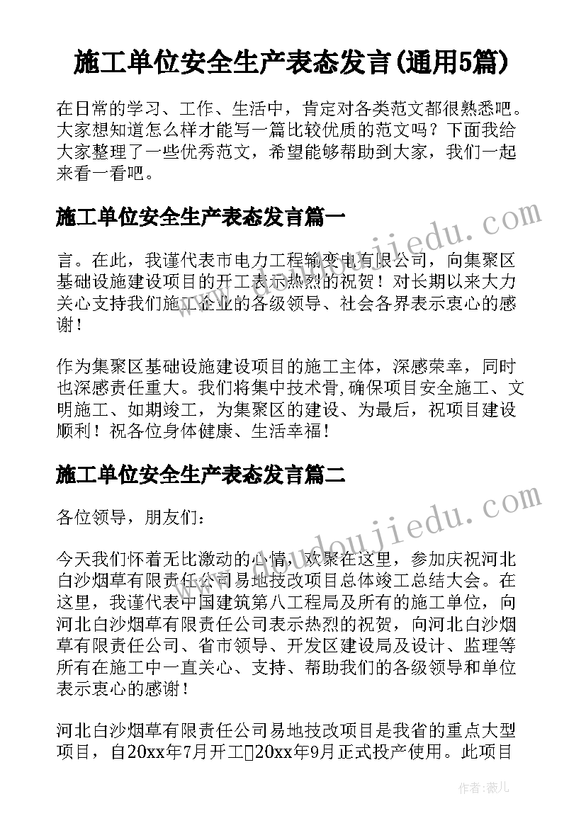 施工单位安全生产表态发言(通用5篇)