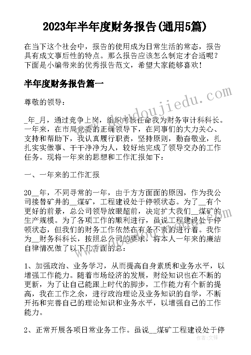 2023年半年度财务报告(通用5篇)